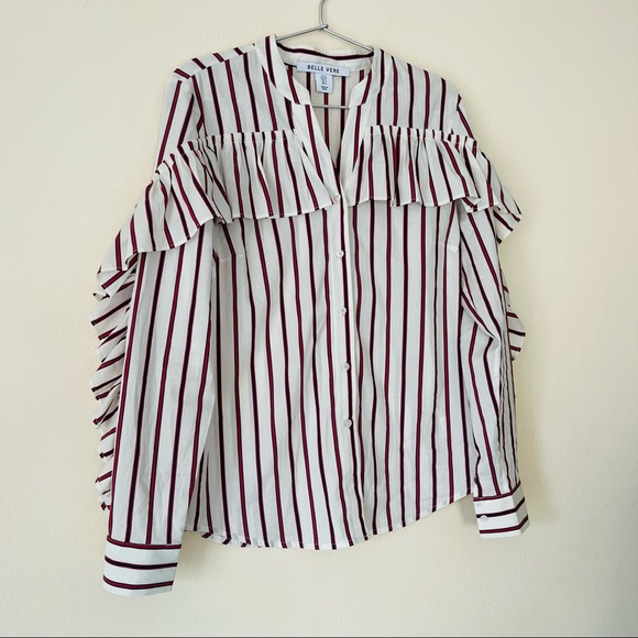 Anthropologie Belle Vere ruffle button down striped shirt top long sleeve - Picture 5 of 8